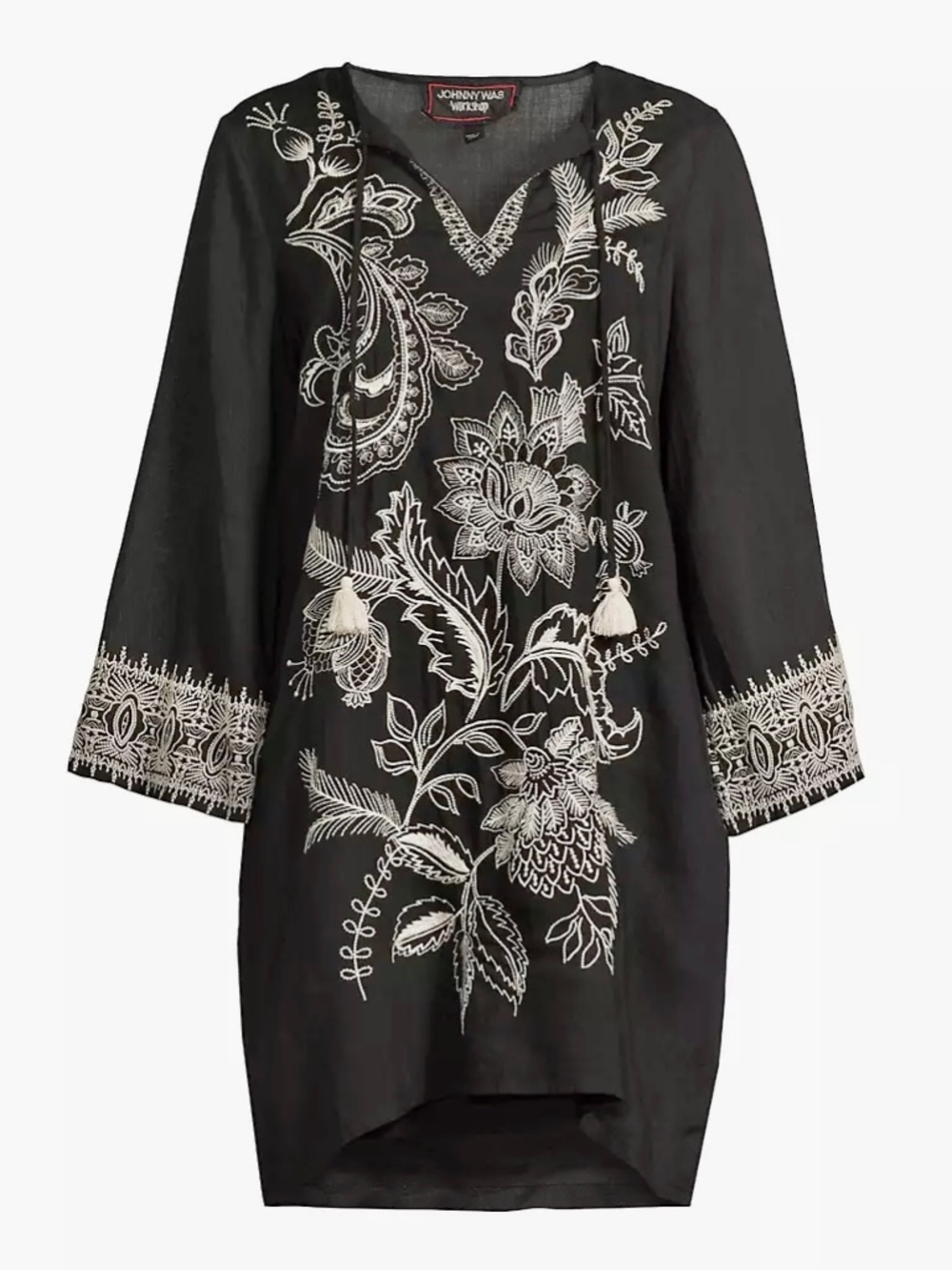 Johnny Was KIMONO SLEEVE  DRESS size small NWT100% ramie, embroidered black.
